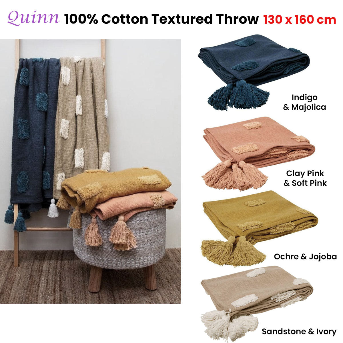 100% Cotton Textured Throw - Sandstone & Ivory - STripleB