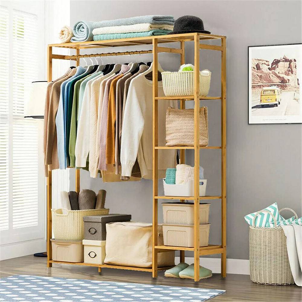 Bamboo Wood Clothing Garment Rack with Shelves - STripleB