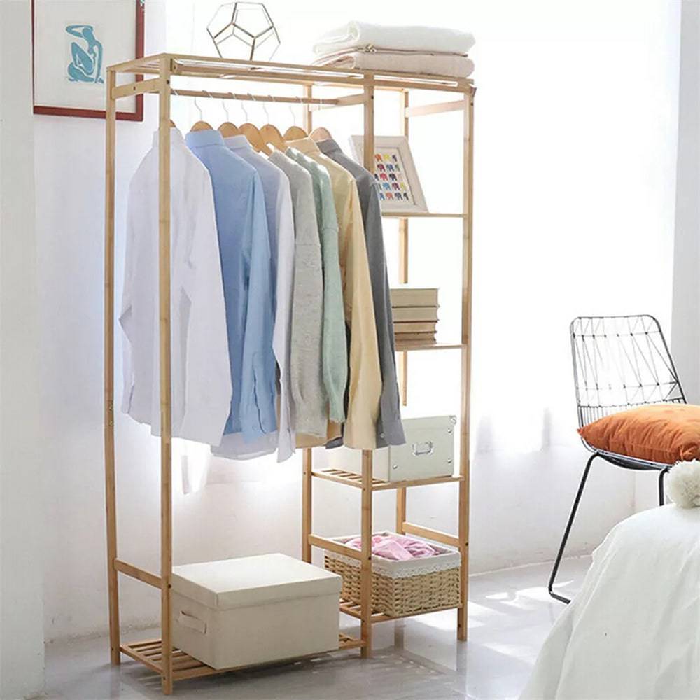 Bamboo Wood Clothing Garment Rack with Shelves_7 - STripleB