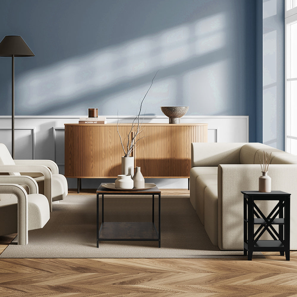 Black Side Table with 3 Tier Shelf and X Structured Sides