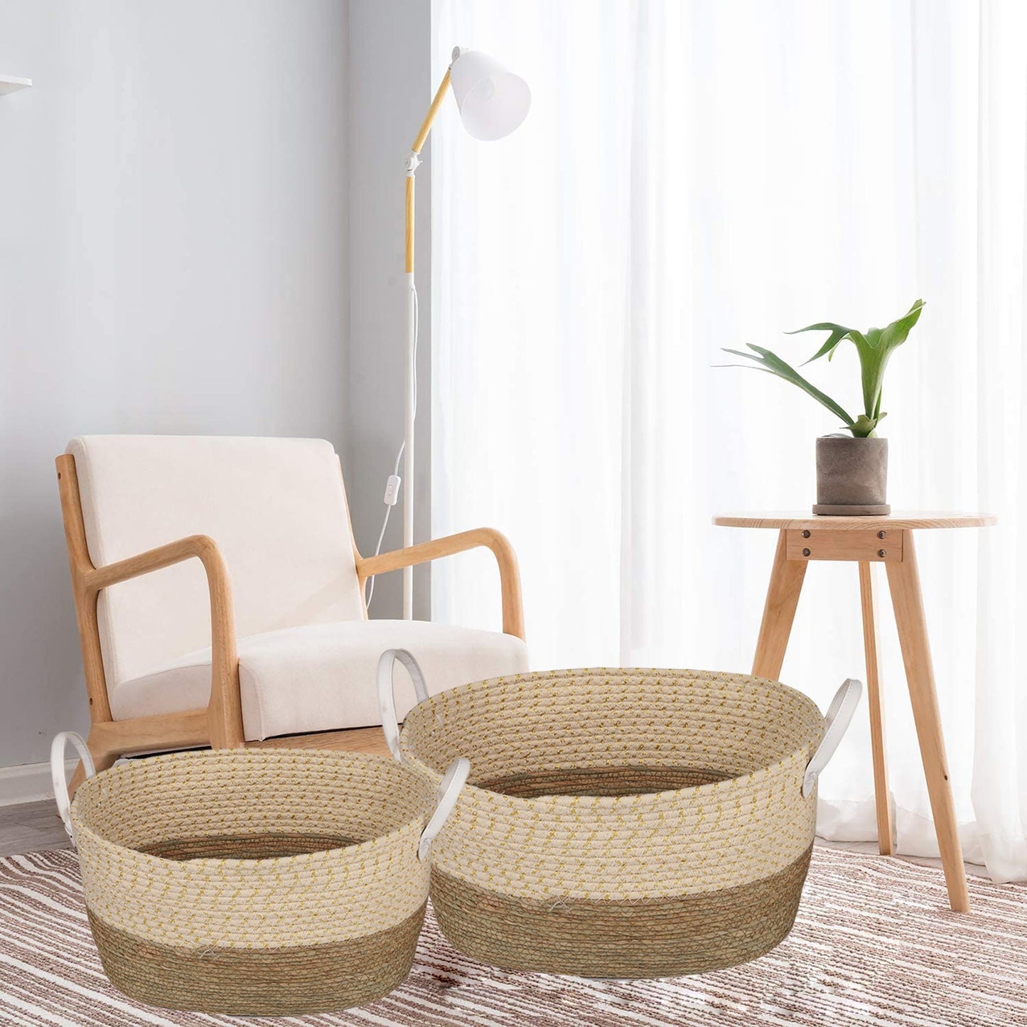2 Piece - Cotton Rope Stripe Carry Handles Storage Baskets set - STripleB