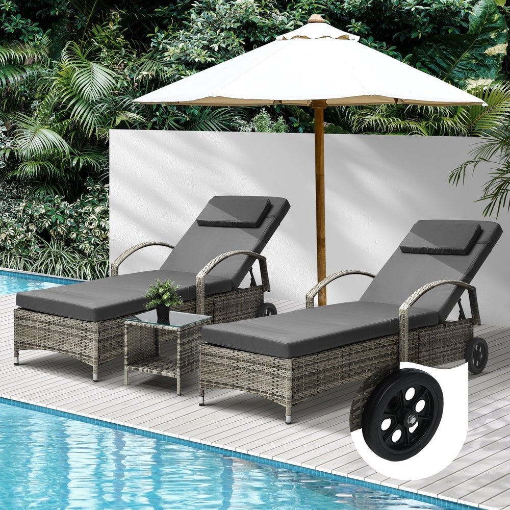 2pcs Wheeled Sun Loungers with Table Outdoor Set Grey - STripleB