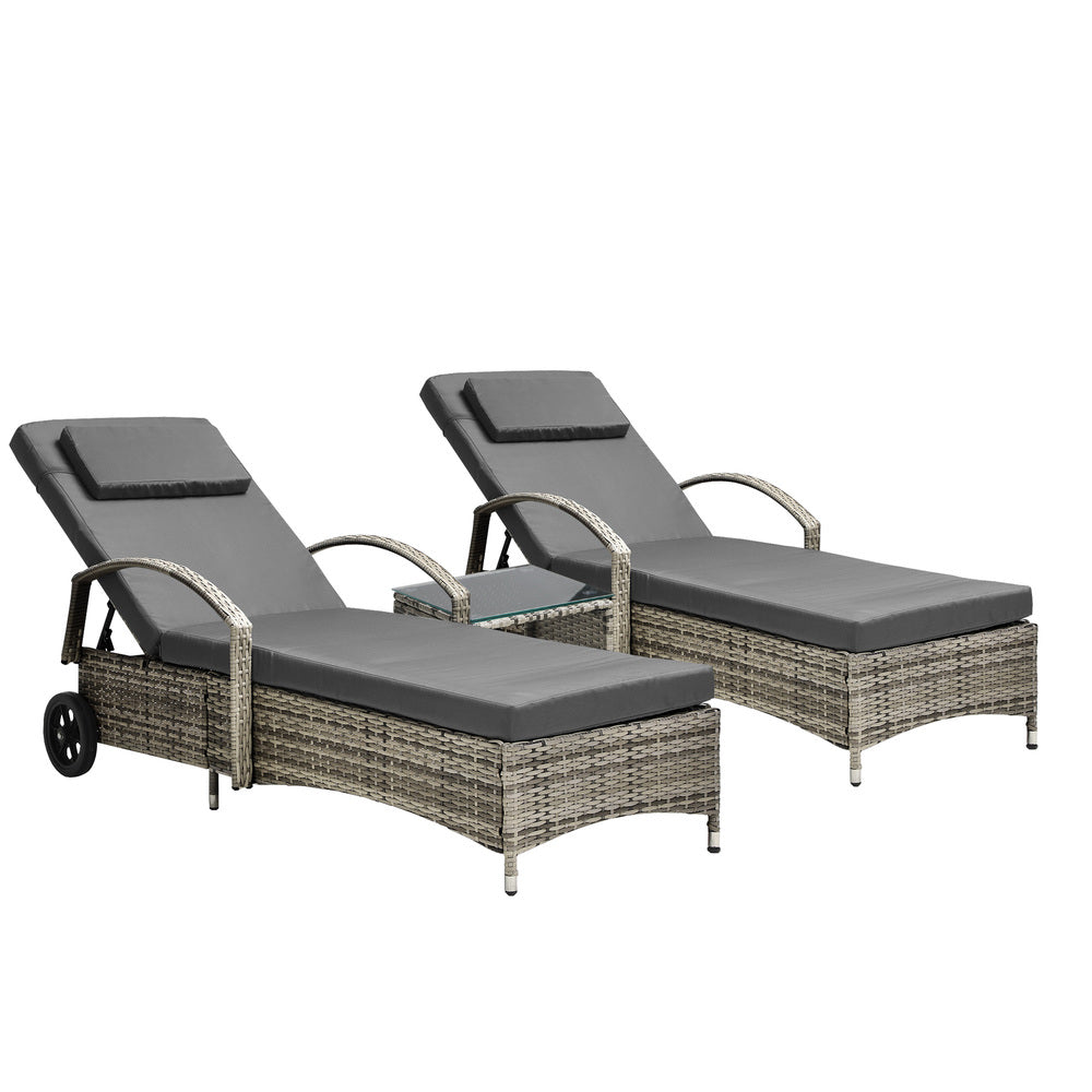 2pcs Wheeled Sun Loungers with Table Outdoor Set Grey - STripleB