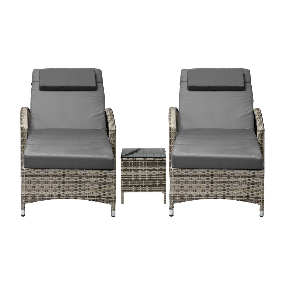 2pcs Wheeled Sun Loungers with Table Outdoor Set Grey - STripleB