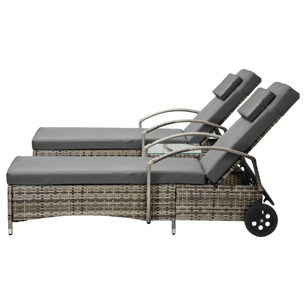 2pcs Wheeled Sun Loungers with Table Outdoor Set Grey - STripleB