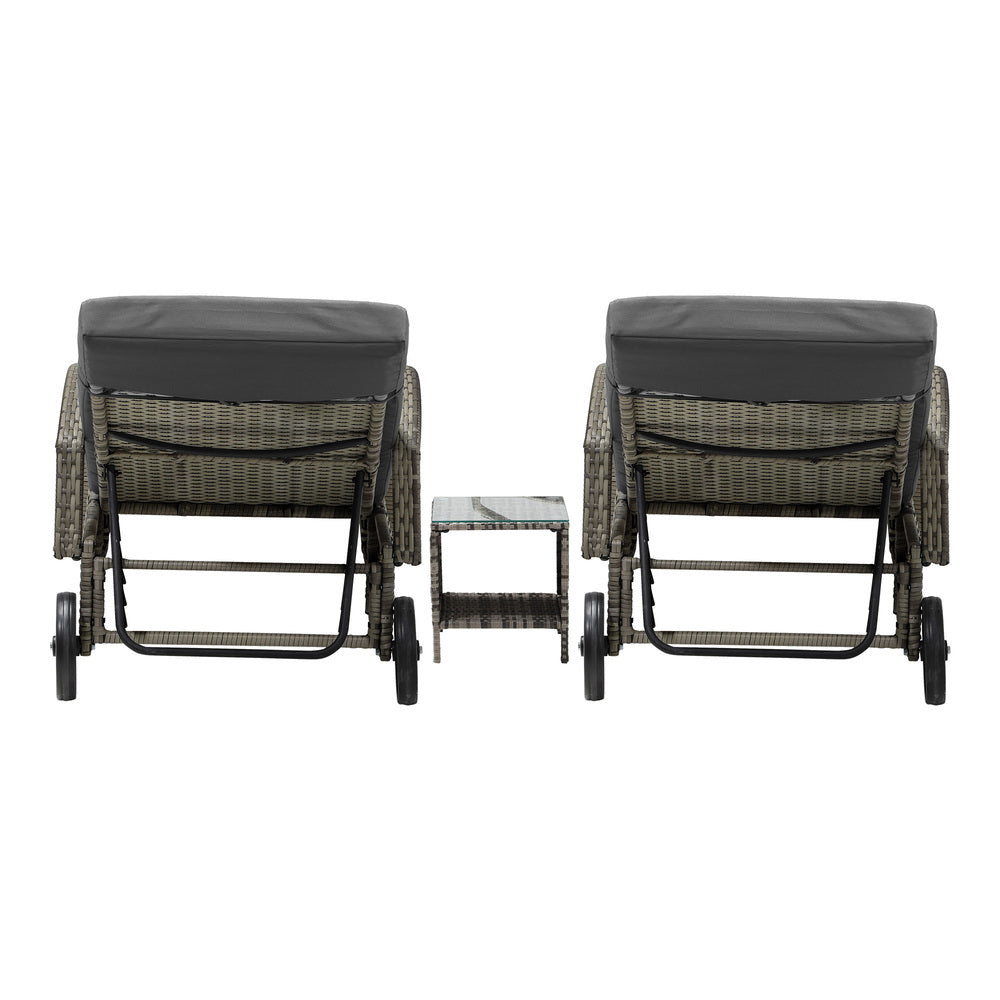 2pcs Wheeled Sun Loungers with Table Outdoor Set Grey - STripleB