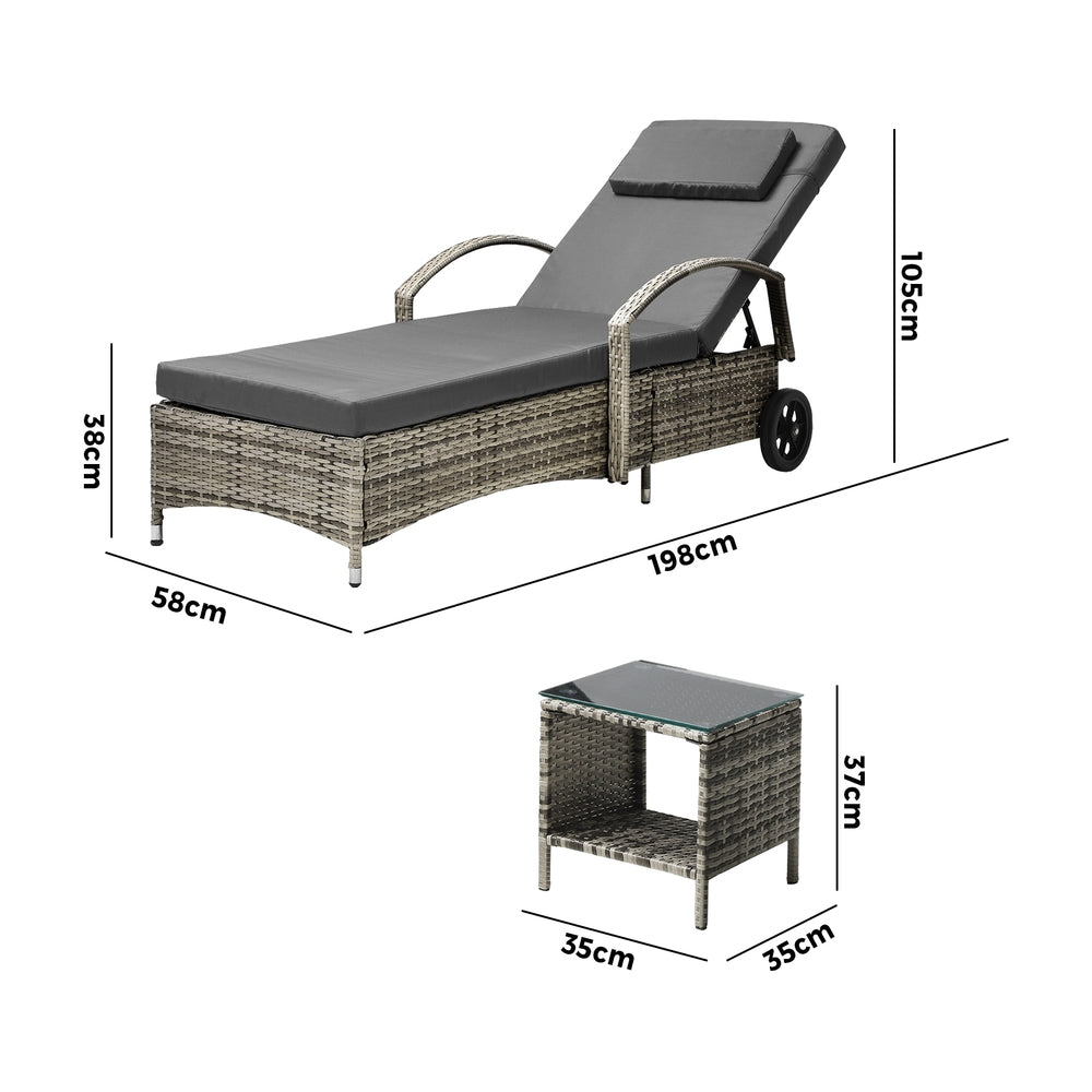 2pcs Wheeled Sun Loungers with Table Outdoor Set Grey - STripleB