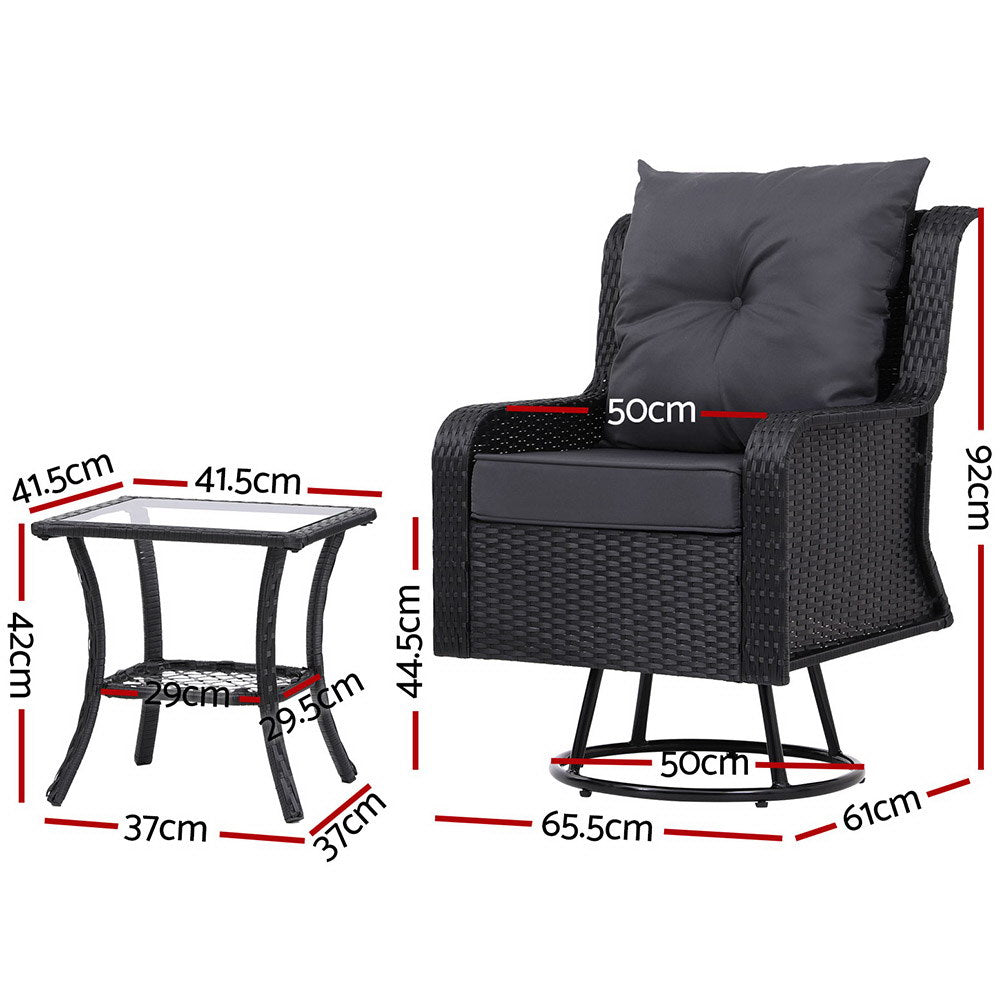 3PC Outdoor Furniture Swivel Chairs Set - Black - STripleB