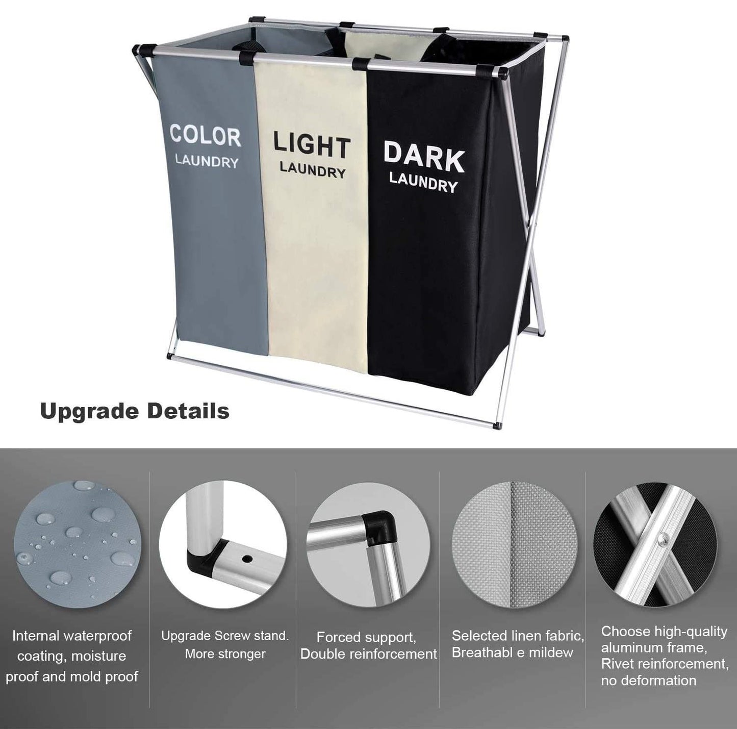 3 in 1 Large 135L Laundry Clothes Hamper Basket with Waterproof bags and Aluminum Frame (Multi) - STripleB
