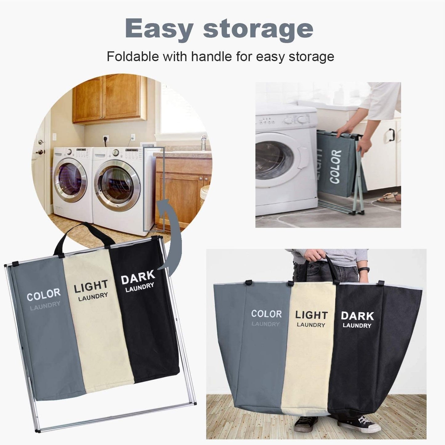 3 in 1 Large 135L Laundry Clothes Hamper Basket with Waterproof bags and Aluminum Frame (Multi) - STripleB