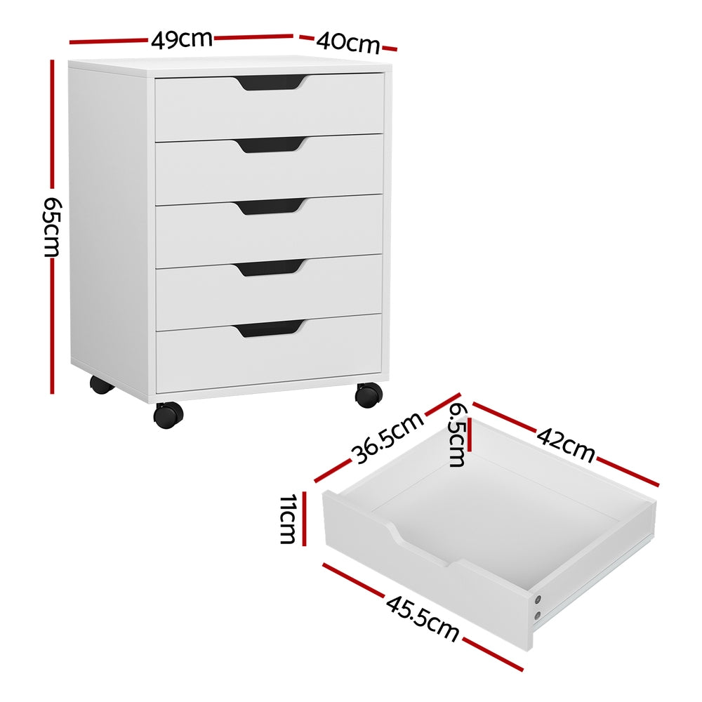 5-Drawer Mobile Filing Cabinet - White - dimensions - STripleB