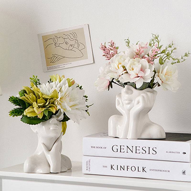 Modern Simple Ceramic Human Face Flower Vase Human Head Plant Flower Pot Nordic Art Flower Creative Vase Home Living Room Decor - STripleB