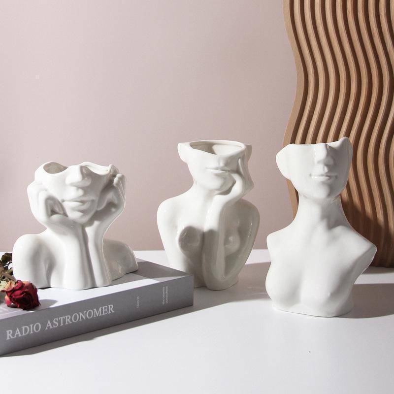 Modern Simple Ceramic Human Face Flower Vase Human Head Plant Flower Pot Nordic Art Flower Creative Vase Home Living Room Decor - STripleB