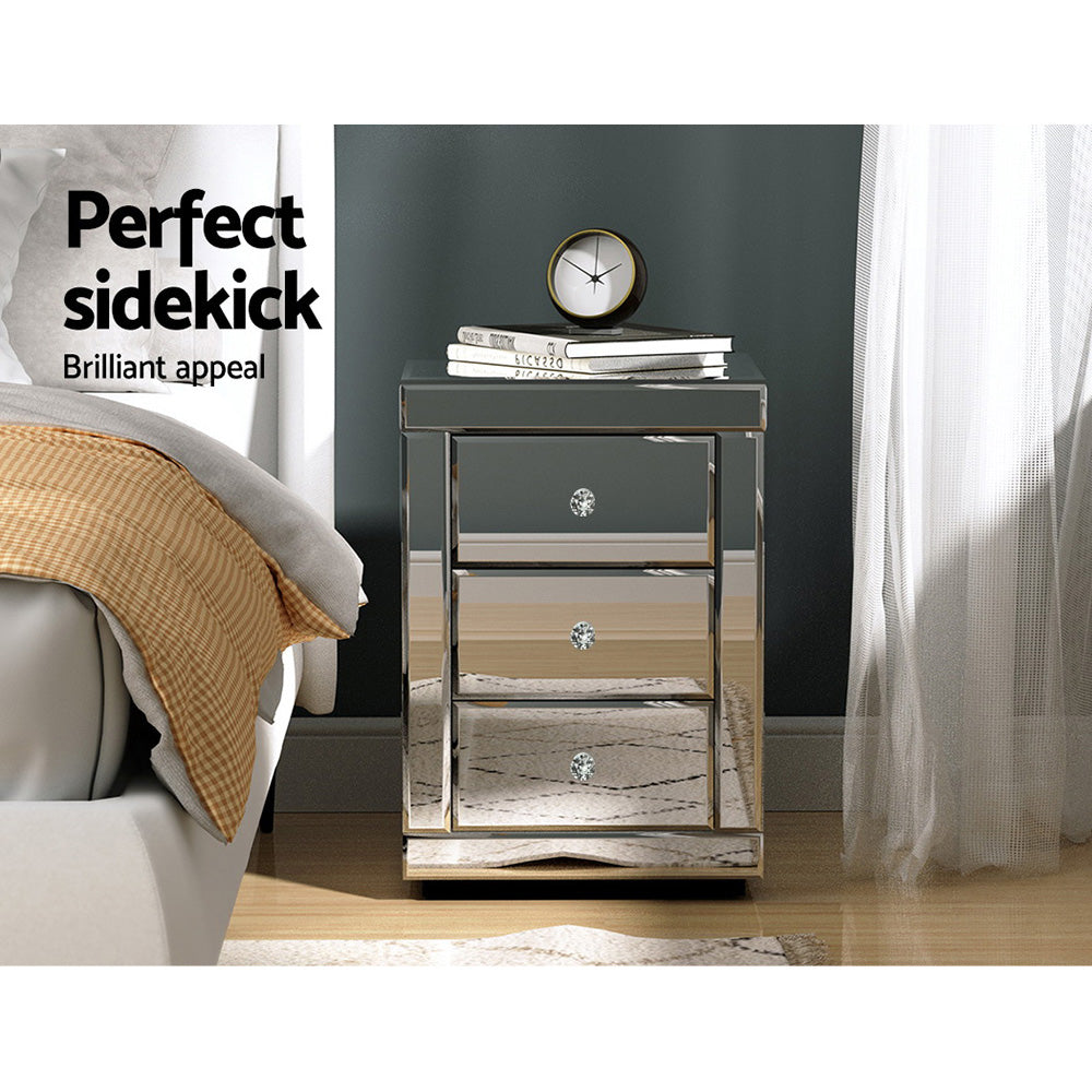 Artiss Bedside Table 3 Drawers Mirrored - PRESIA Silver - STripleB