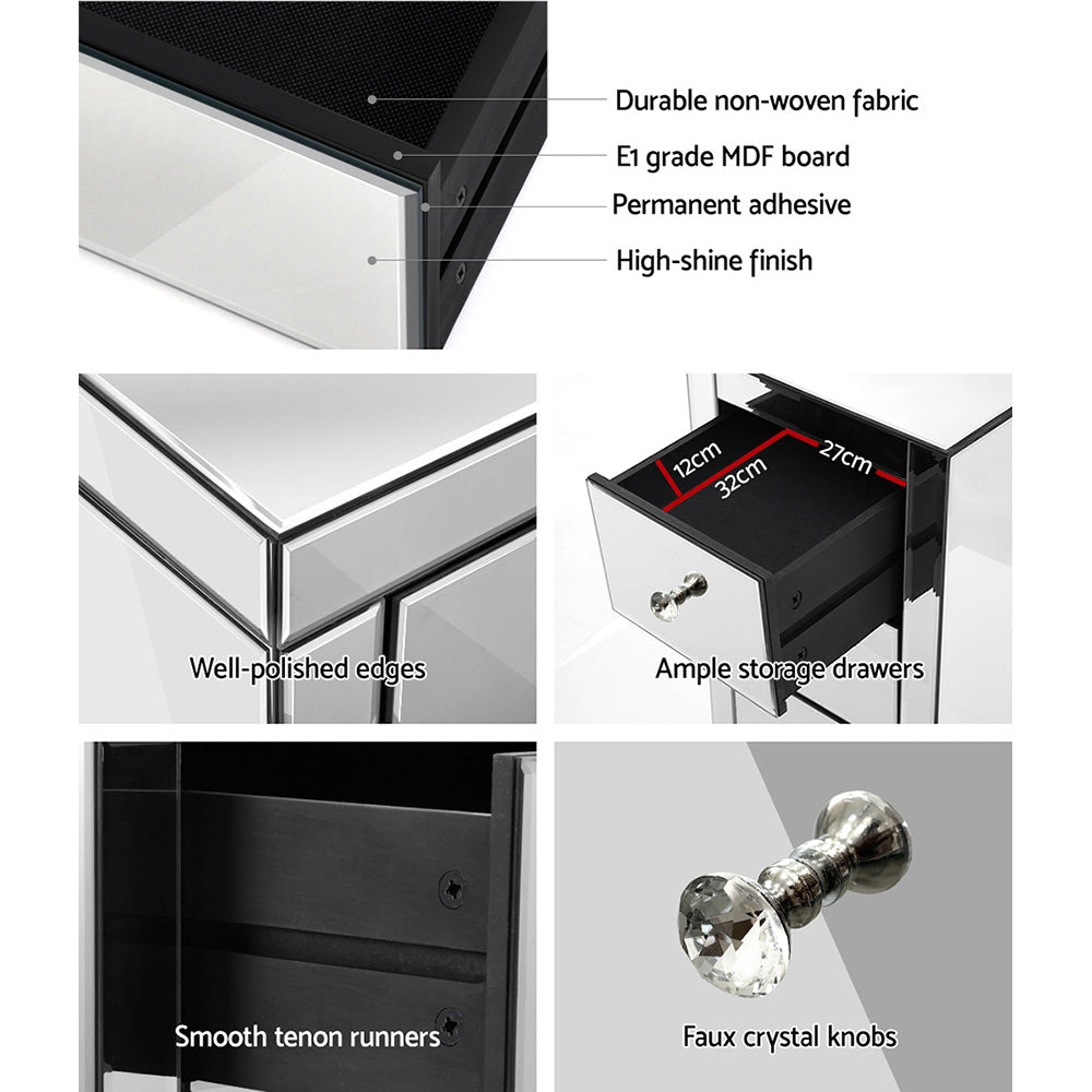 Artiss Bedside Table 3 Drawers Mirrored - PRESIA Silver - STripleB