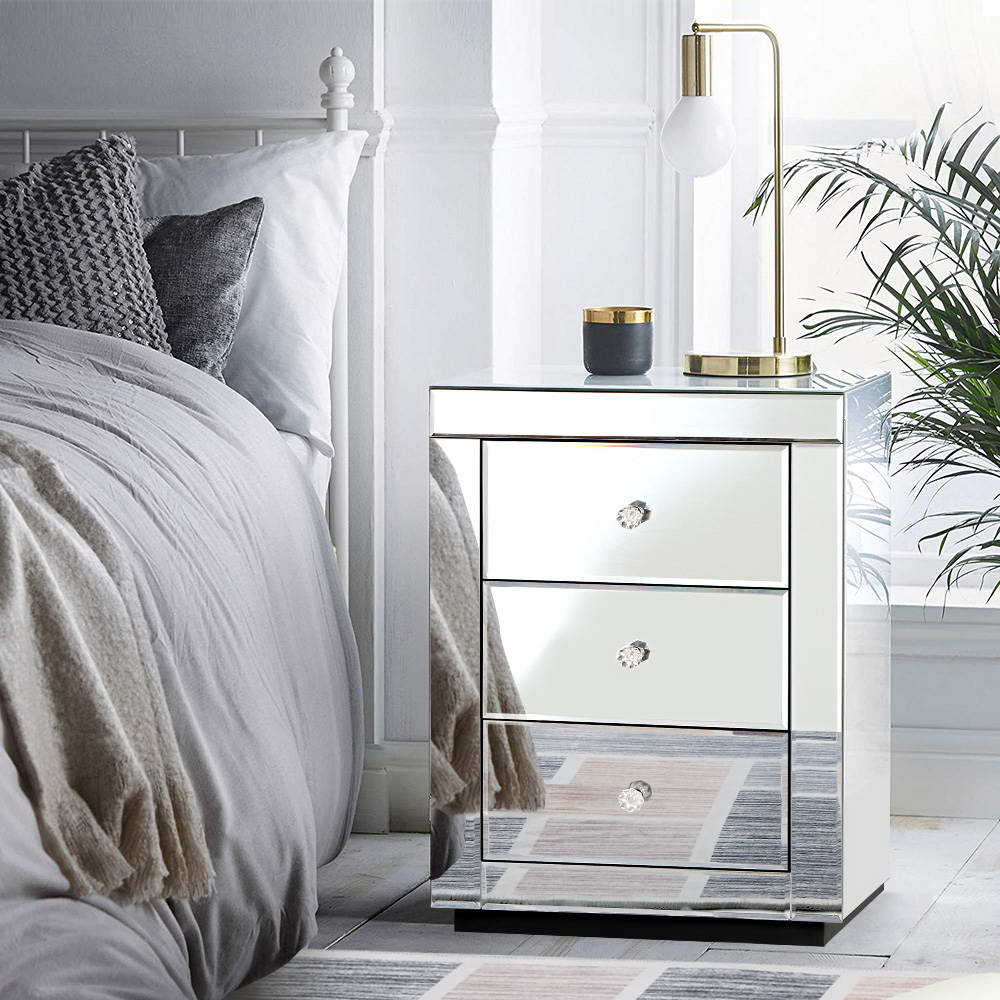 Artiss Bedside Table 3 Drawers Mirrored - PRESIA Silver - STripleB