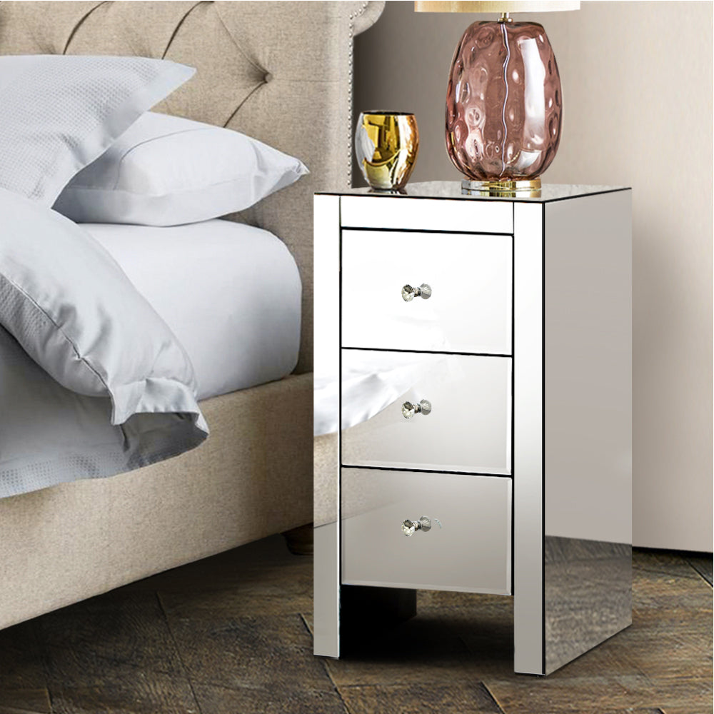 Artiss Bedside Table 3 Drawers Mirrored - QUENN Silver - STripleB