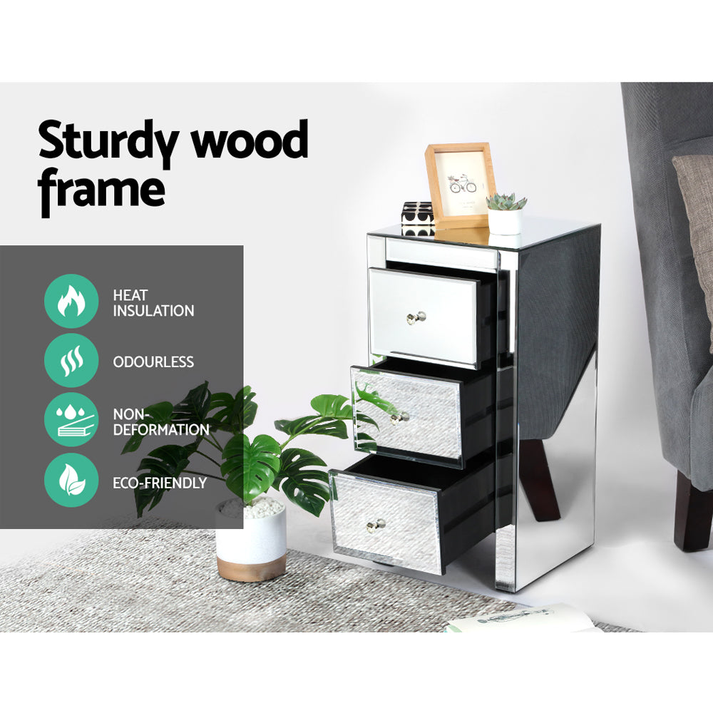 Artiss Bedside Table 3 Drawers Mirrored - QUENN Silver - STripleB
