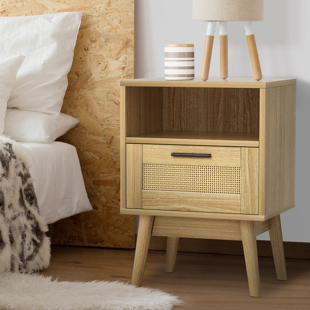 Artiss Rattan Bedside Table 1 Drawer with Shelf - REI Oak - STripleB