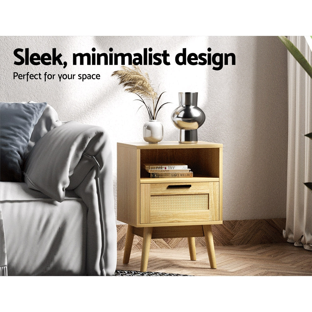 Artiss Rattan Bedside Table 1 Drawer with Shelf - REI Oak - STripleB