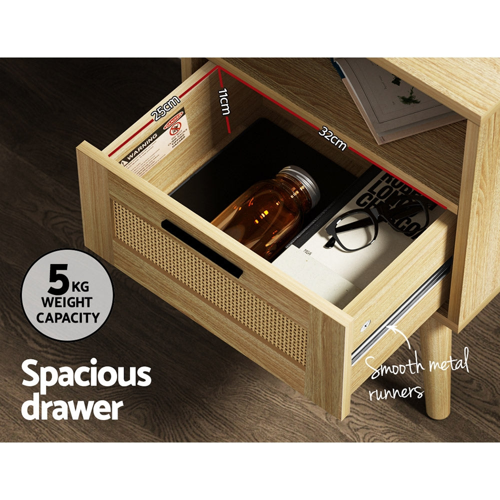 Artiss Rattan Bedside Table 1 Drawer with Shelf - REI Oak - STripleB