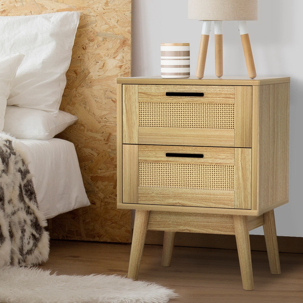 Artiss Rattan Bedside Table 2 Drawers Wood - RIE Oak - STripleB