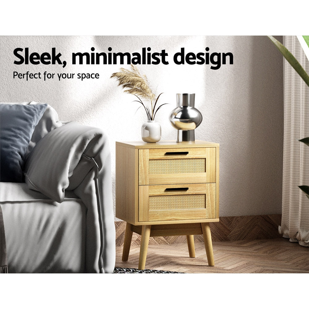 Artiss Rattan Bedside Table 2 Drawers Wood - RIE Oak - STripleB