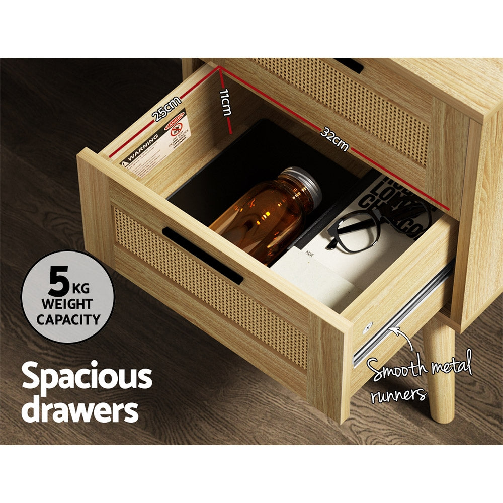 Artiss Rattan Bedside Table 2 Drawers Wood - RIE Oak - STripleB