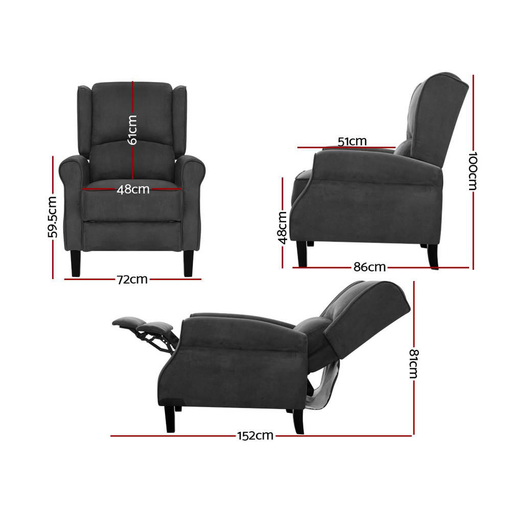 Artiss Recliner Chair Adjustable Sofa Lounge Soft Suede Armchair Couch Charcoal - STripleB
