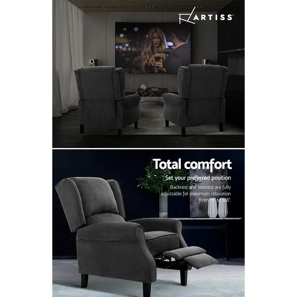 Artiss Recliner Chair Adjustable Sofa Lounge Soft Suede Armchair Couch Charcoal - STripleB