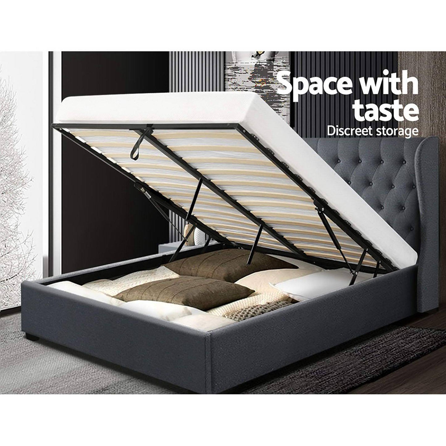 Queen Size - Bedframe - Gas Lift - Charcoal - STripleB