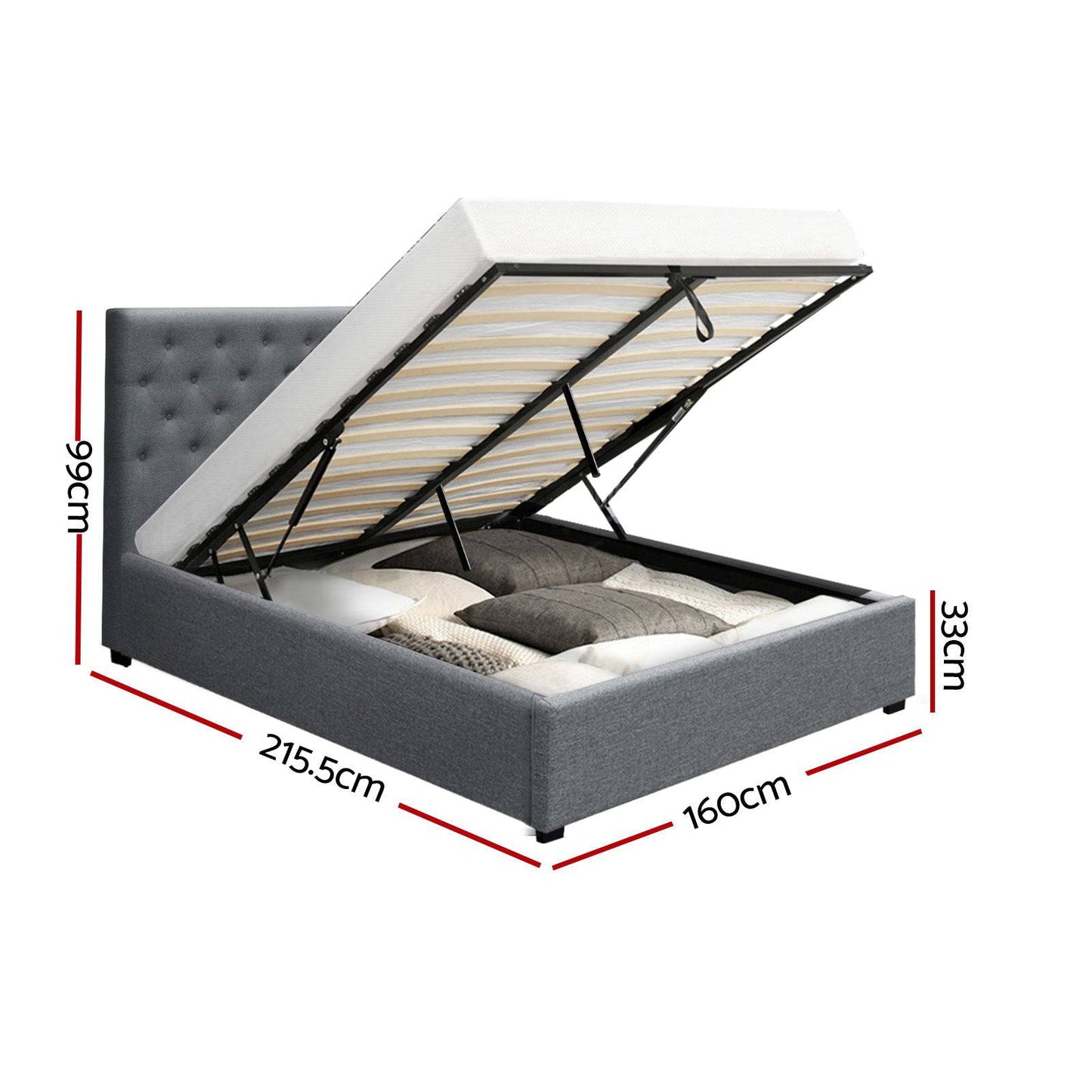 Queen Size - Bedframe - Gas Lift - Grey - STripleB