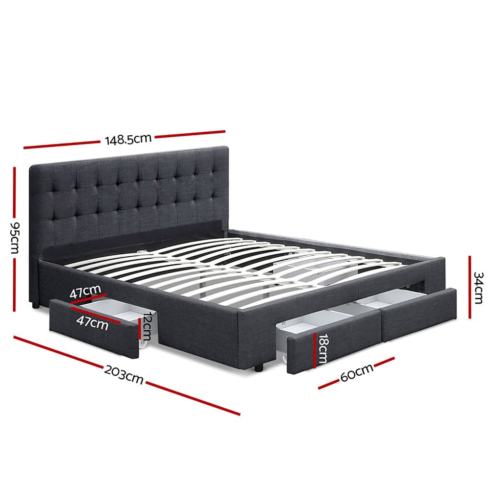 Double - Bed Frame with 4 Drawers - Grey - STripleB