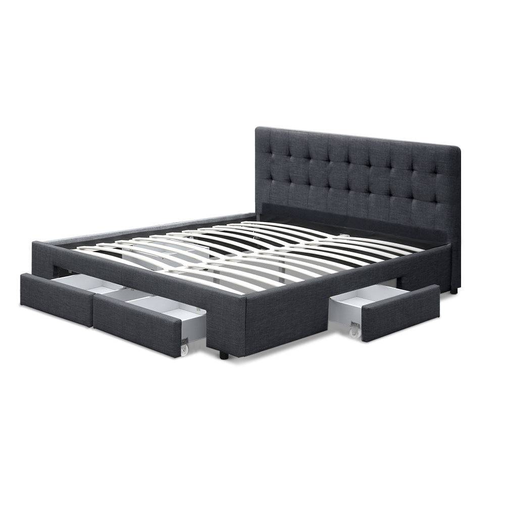 Double - Bed Frame with 4 Drawers - Grey - STripleB