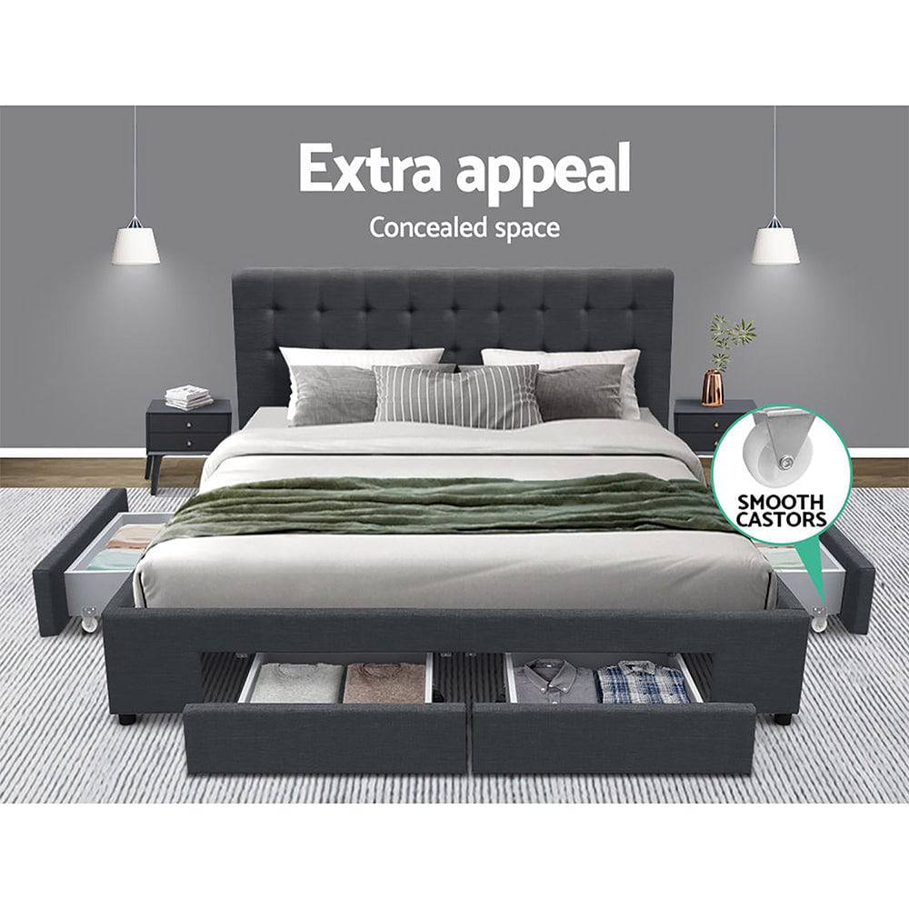 Double - Bed Frame with 4 Drawers - Grey - STripleB