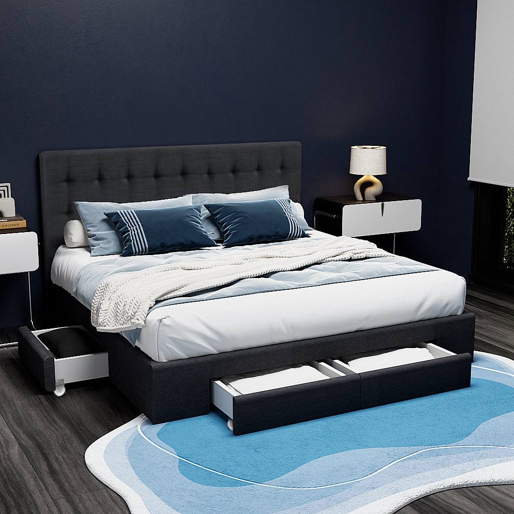 Double - Bed Frame with 4 Drawers - Grey - STripleB
