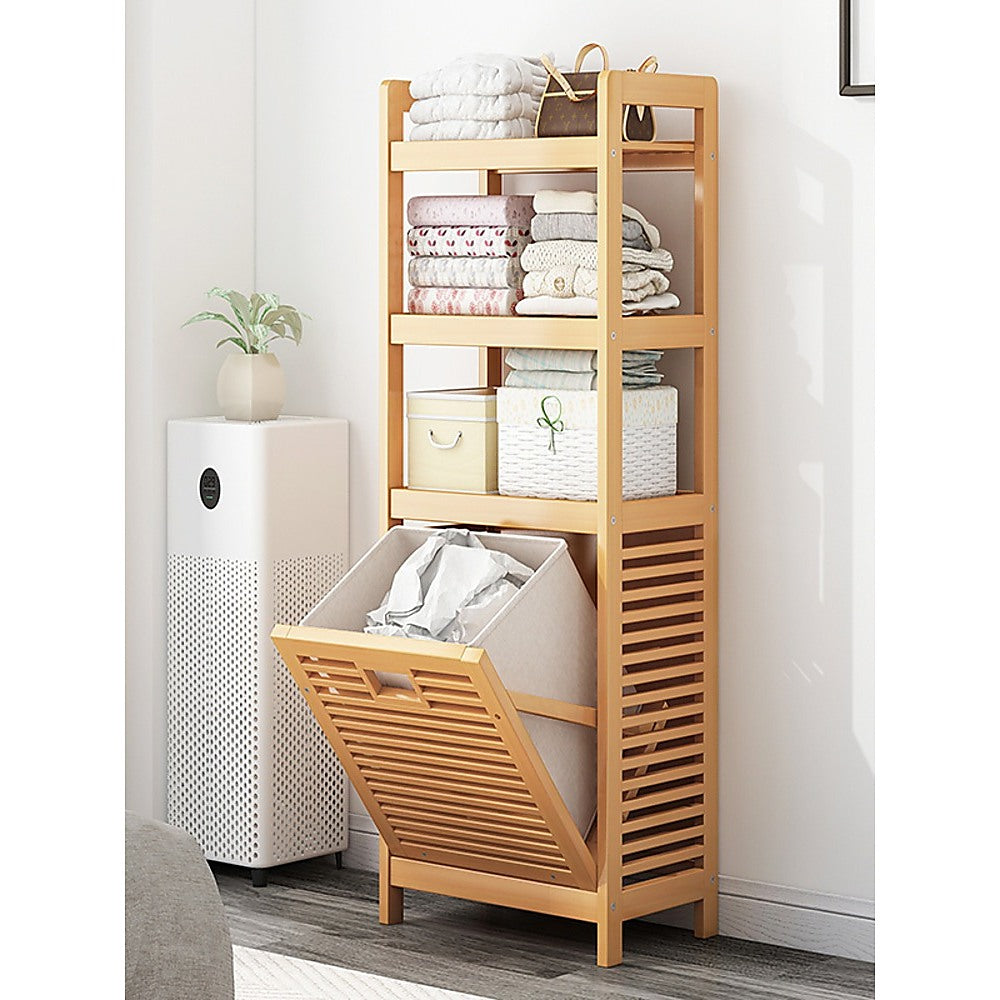 Bamboo 2-in-1 Laundry Hamper Side Table with 2 Shelves and Clothes Basket - STripleB
