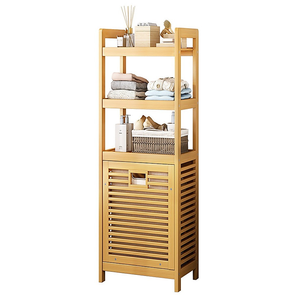 Bamboo 2-in-1 Laundry Hamper Side Table with 2 Shelves and Clothes Basket - STripleB