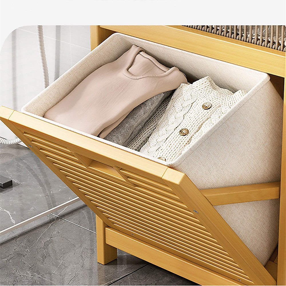 Bamboo 2-in-1 Laundry Hamper Side Table with 2 Shelves and Clothes Basket - STripleB