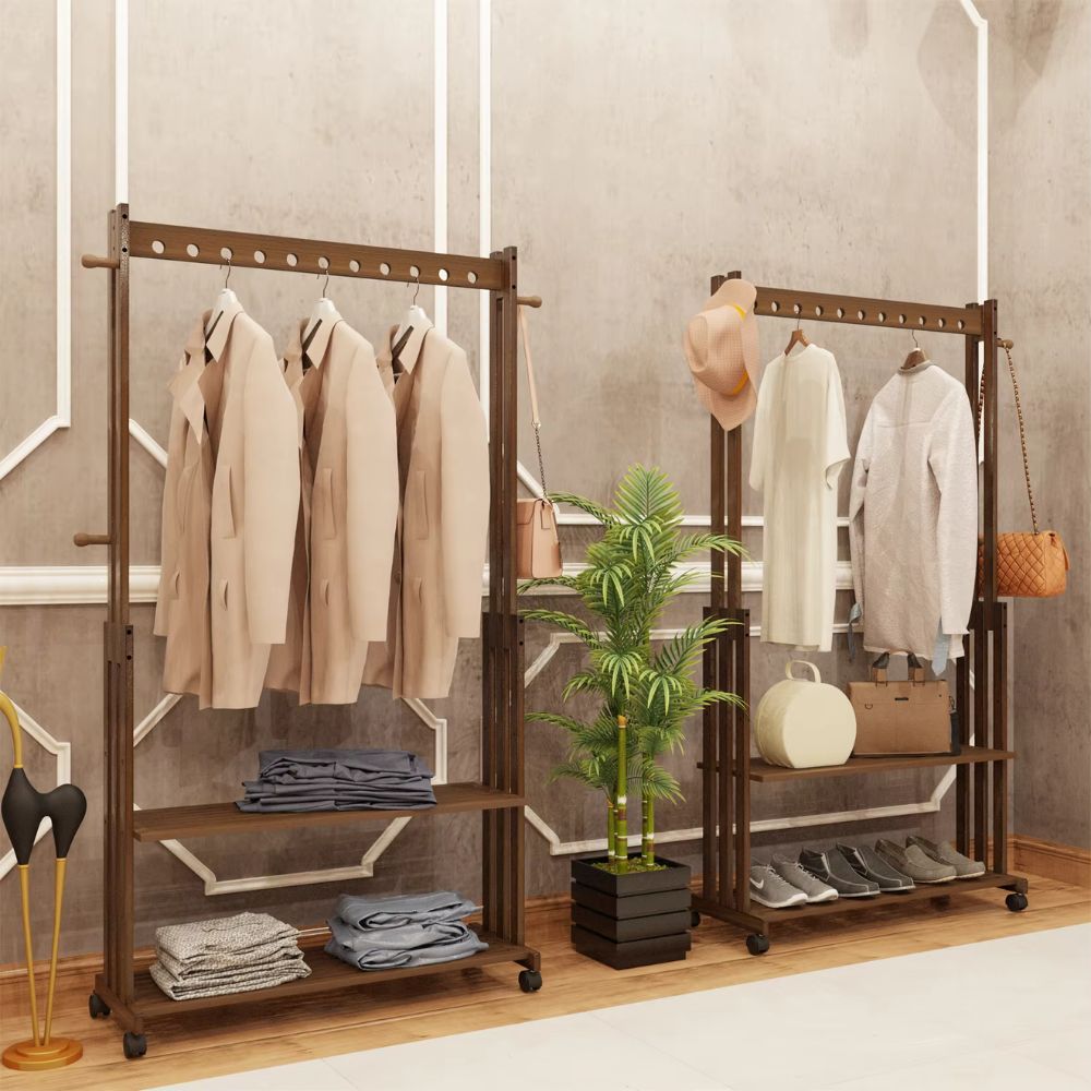 Bamboo Clothes Rack Stand with Wheels - STripleB