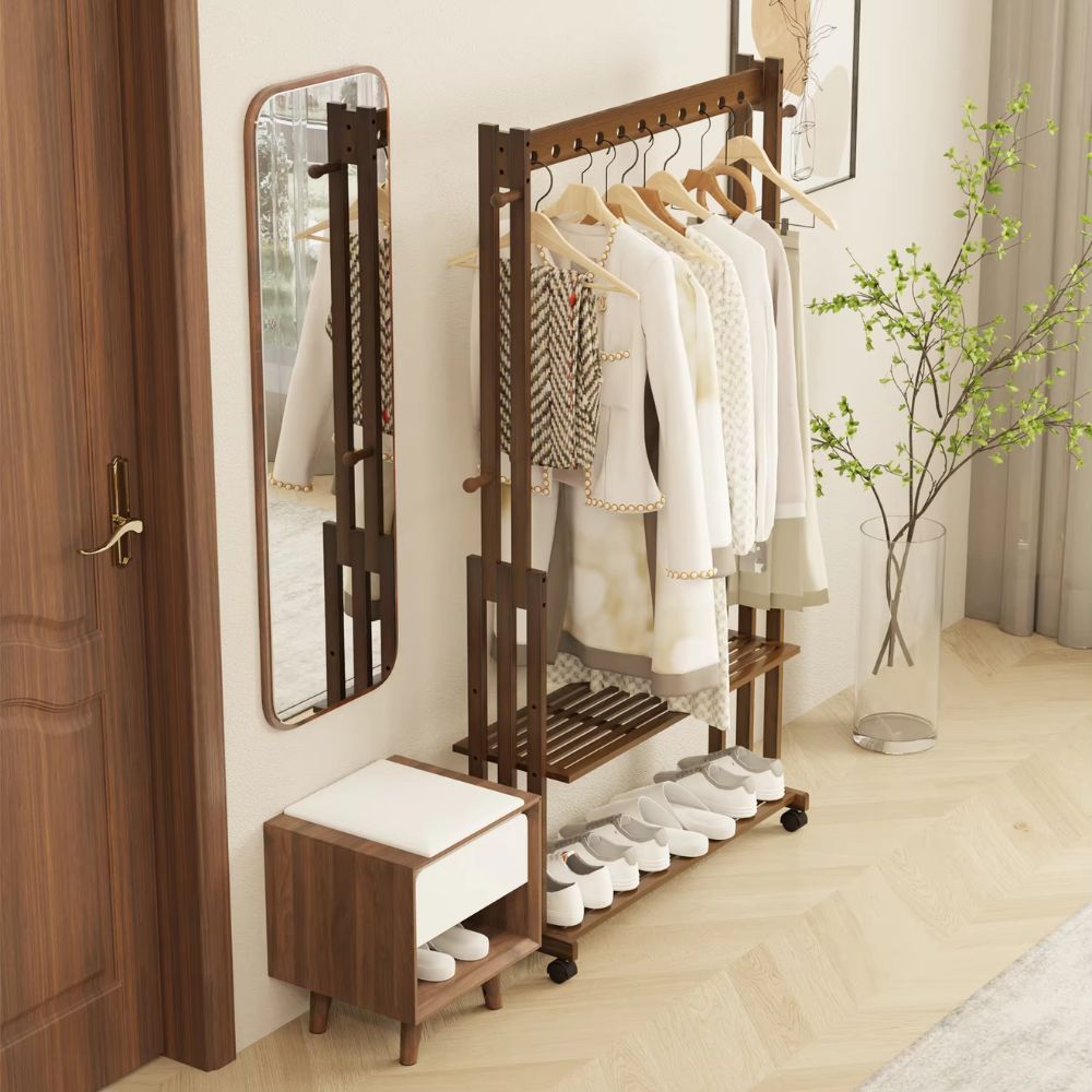 Bamboo Clothes Rack Stand with Wheels - STripleB