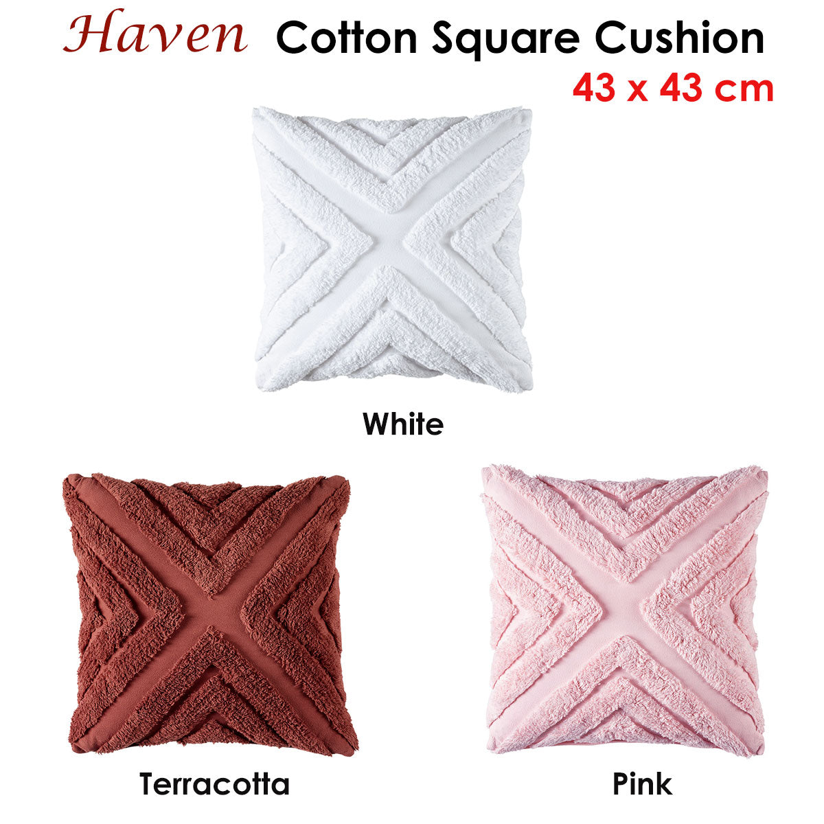 Bianca Haven Pink Cotton Chenille Square Cushion - dimensions - STripleB