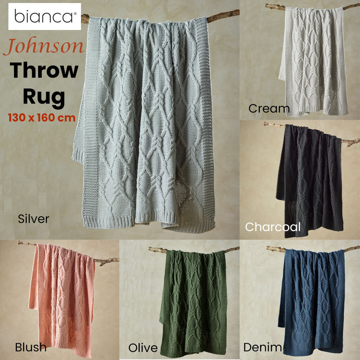 Bianca Johnson Knitted Throw Rug 130 x 160 cm - Charcoal - STripleB