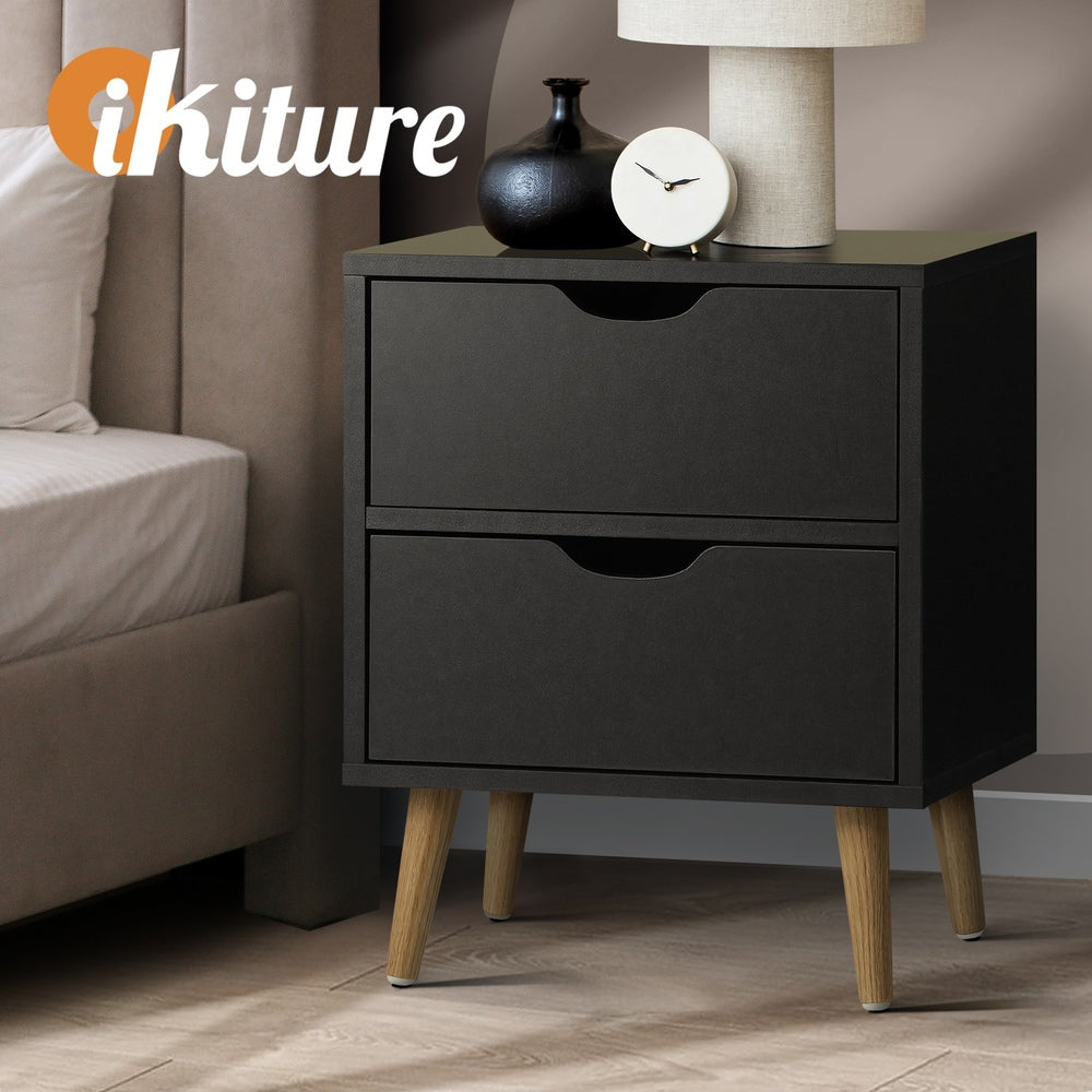 Black Bedside Tables with Air Gap Handle and 2 Drawers - STripleB