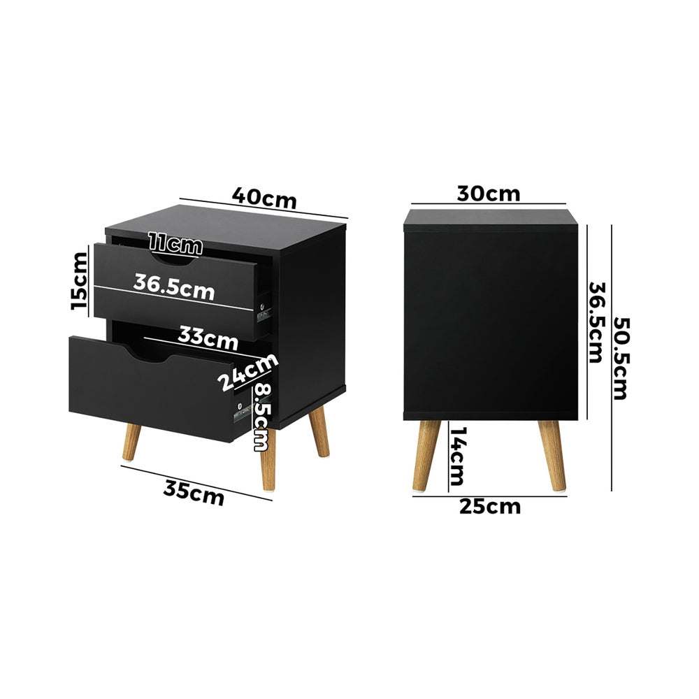 Black Bedside Tables with Air Gap Handle and 2 Drawers - STripleB
