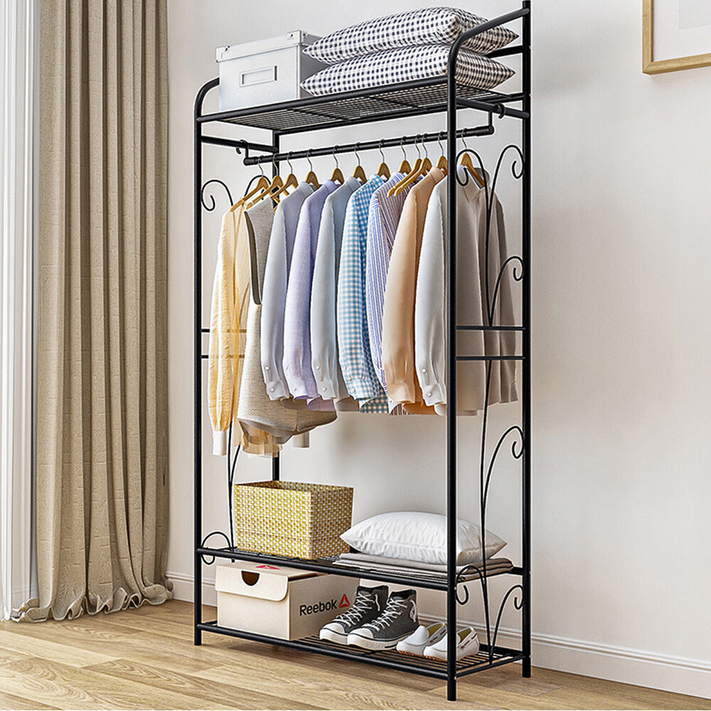 Black Metal Heavy Duty Clothes Rail Clothes Rack with 2 Shelf Storage Shelves - STripleB