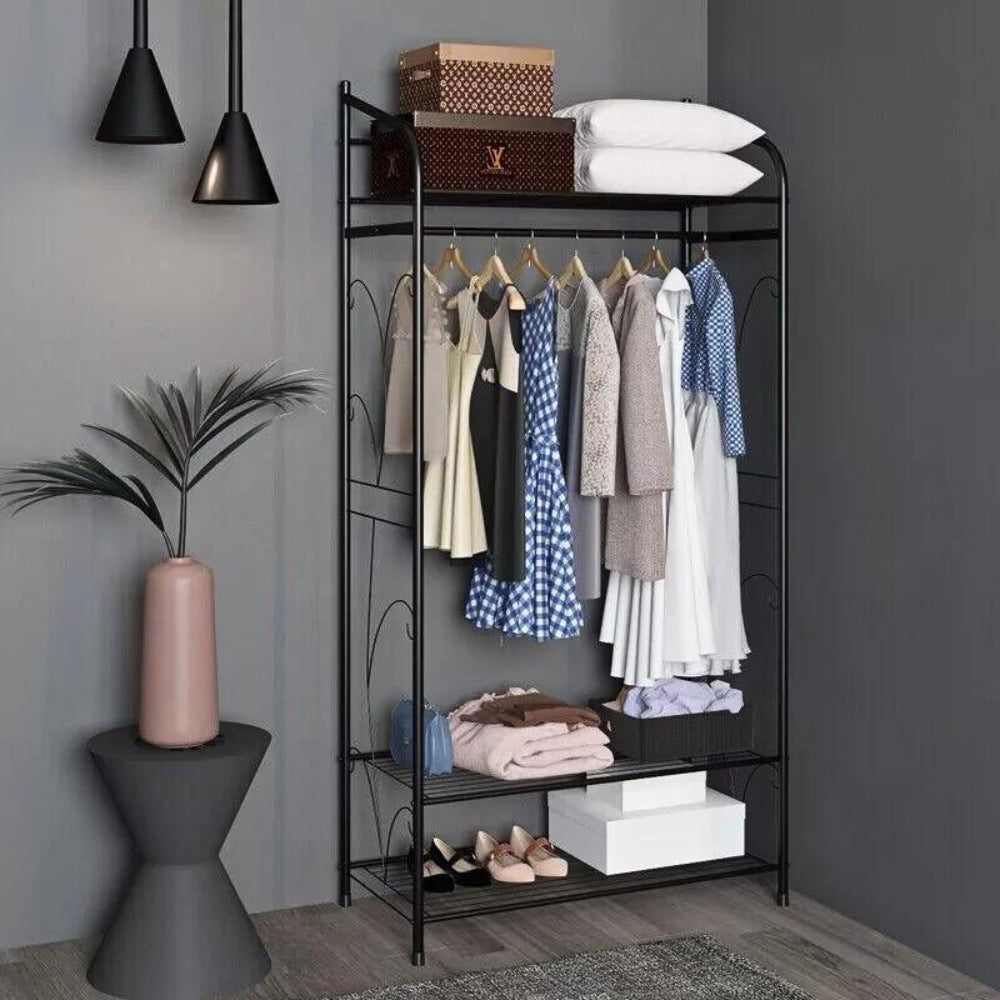 Black Metal Heavy Duty Clothes Rail Clothes Rack with 2 Shelf Storage Shelves - STripleB