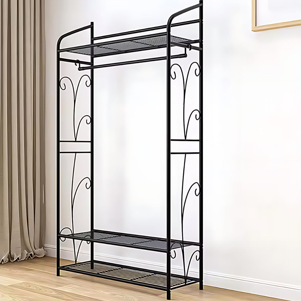 Black Metal Heavy Duty Clothes Rail Clothes Rack with 2 Shelf Storage Shelves - STripleB