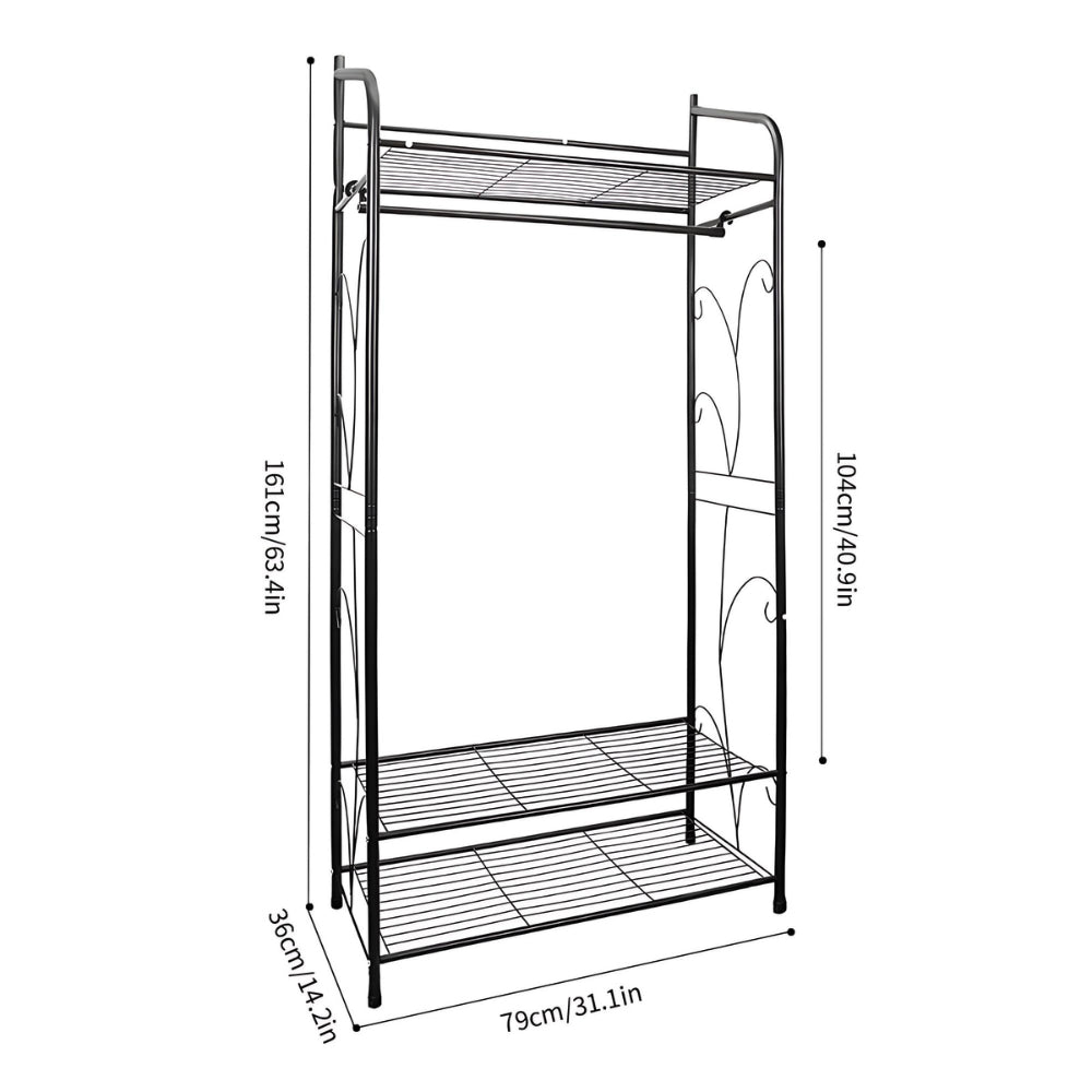 Black Metal Heavy Duty Clothes Rail Clothes Rack with 2 Shelf Storage Shelves - STripleB