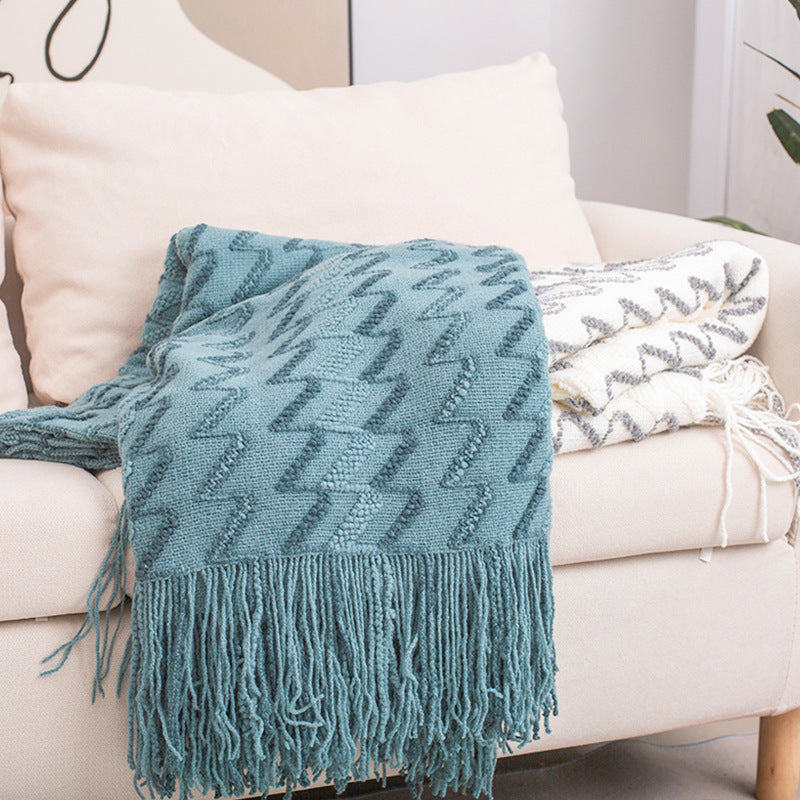 Blue - Modern Knitted Throw Blanket with Tassels - 130*180CM - STripleB